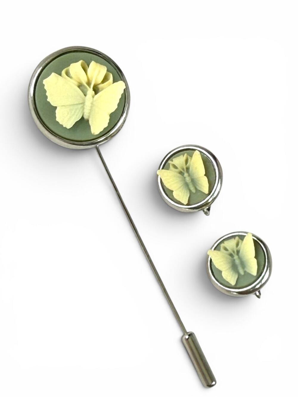 Vintage Trifari Sculptural Butterfly Stick Pin & Clip Earring Set Silver Tone